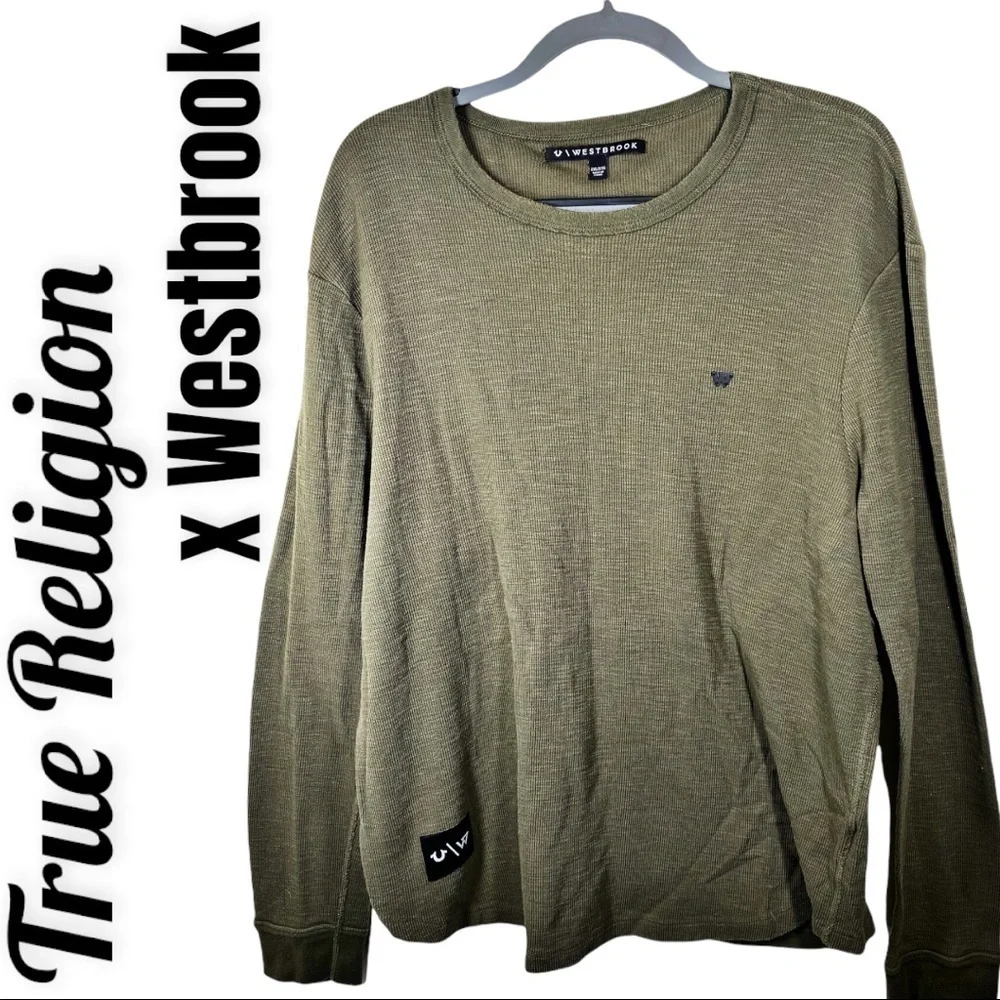 TRUE RELIGION x WESTBROOK 100% Cotton Waffle Knit Thermal Shirt Olive Green, XXL